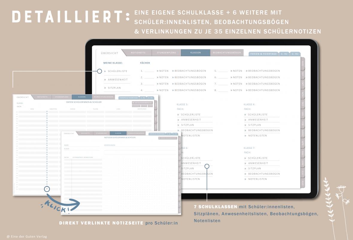Download Terminkalender für Lehrerinnen & Lehrer, Schuljahr 2023 2024, mit Stundenpläne, 7 Klassenlisten für 35 Schüler:innen und weitere Planungshelfer